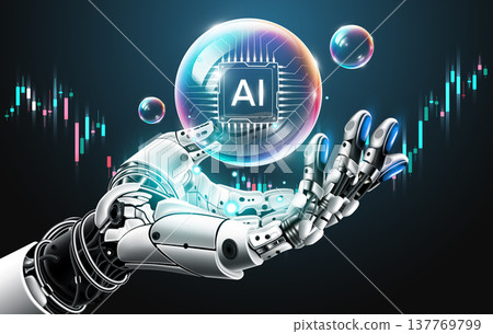 AI technology bubble concept. Robotic hand holding artificial intelligence chip inside a bubble with financial stock market chart, vector illustration 137769799