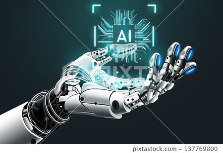 Futuristic robot hand holding a glowing AI microchip hologram. Concept of artificial intelligence, machine learning, and future tech, vector illustration Futuristic robot hand holding a glowing AI microchip hologram. Concept of artificial intelligence, machine learning, and future tech, vector illustration 137769800