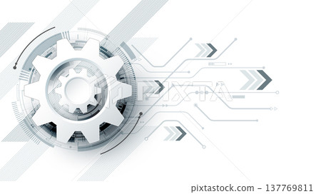Abstract 3D gear with digital circuits and arrows on a white background and copy space. Futuristic technology concept for mechanical engineering and innovation design, vector illustration Abstract 3D gear with digital circuits and arrows on a white background and copy space. Futuristic technology concept for mechanical engineering and innovation design, vector illustration 137769811