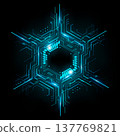 Futuristic hexagonal digital circuit pattern glowing with neon blue light on a dark background representing modern technology, vector illustration 137769821