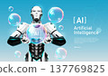 Futuristic AI robot holding a soap bubble containing an AI chip symbol. Concept of technology market hype, investment risk, or fragile innovation, vector illustration 137769825