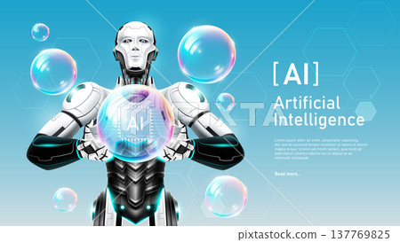 Futuristic AI robot holding a soap bubble containing an AI chip symbol. Concept of technology market hype, investment risk, or fragile innovation, vector illustration Futuristic AI robot holding a soap bubble containing an AI chip symbol. Concept of technology market hype, investment risk, or fragile innovation, vector illustration 137769825