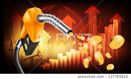 Fuel nozzle dispensing gold coins with rising oil price graph in background. Concept of high gas prices, oil shock and inflation, vector illustration Fuel nozzle dispensing gold coins with rising oil price graph in background. Concept of high gas prices, oil shock and inflation, vector illustration 137769828