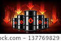 Crude oil barrels with red falling arrows and financial graphs representing oil price crash, energy crisis and economic downturn, vector illustration 137769829