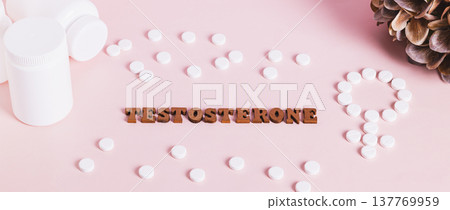 Testosterone, medication, bottles for women therapy on pink background web banner Testosterone, medication, bottles for women therapy on pink background web banner 137769959