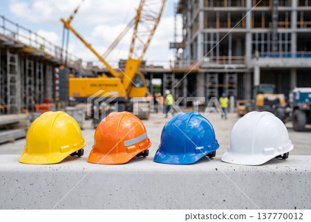 Colorful hard hats arranged on concrete barrier at construction site 137770012