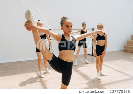 Active practicing. Girls practicing ballet indoors in the class Active practicing. Girls practicing ballet indoors in the class 137770126