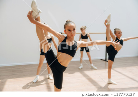 Active practicing. Girls practicing ballet indoors in the class Active practicing. Girls practicing ballet indoors in the class 137770127