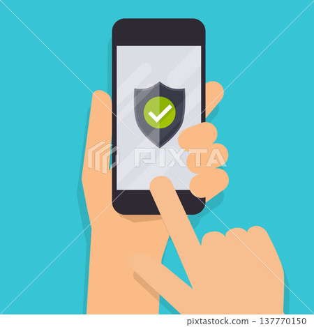 Hand holding mobile smart phone with green shield on screen. Concept for online service. Flat vector illustration. Hand holding mobile smart phone with green shield on screen. Concept for online service. Flat vector illustration. 137770150
