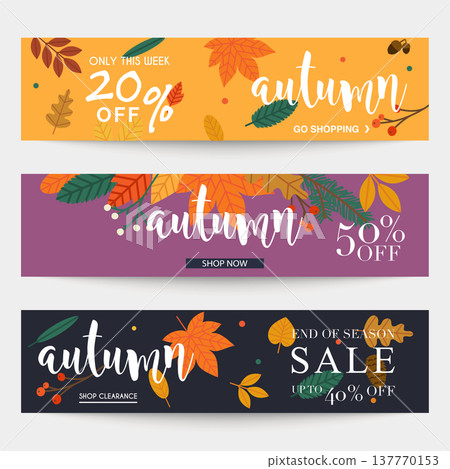 Set of autumn sale banners design, discounts and special offer. Shopping background, label for business promotion. Vector illustration. Set of autumn sale banners design, discounts and special offer. Shopping background, label for business promotion. Vector illustration. 137770153