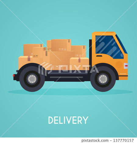 Moving truck and cardboard boxes. Moving House. Transport company.  Flat design style modern vector illustration concept. 137770157