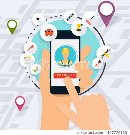 Hand holding mobile smart phone with application search builder. Builder and color tools for repair and home improvement. Flat design modern vector illustration concept. Hand holding mobile smart phone with application search builder. Builder and color tools for repair and home improvement. Flat design modern vector illustration concept. 137770180