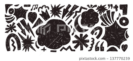 Bang boom callout charcoal background. Geometric and freeform black abstract figures hand drawn scribbles set. Music note, lightning, arrows, heart stickers. Vector illustration isolated no background Bang boom callout charcoal background. Geometric and freeform black abstract figures hand drawn scribbles set. Music note, lightning, arrows, heart stickers. Vector illustration isolated no background 137770239