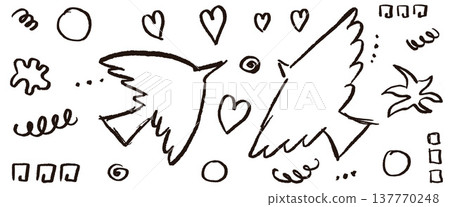 Rough birds outline set with hand drawn abstract shapes and folk hearts. Naive grunge dove birds doodle with crayon texture ornaments. Vector banner for childish print collage and sticker Rough birds outline set with hand drawn abstract shapes and folk hearts. Naive grunge dove birds doodle with crayon texture ornaments. Vector banner for childish print collage and sticker 137770248