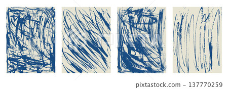Brush blue sand grain set with chaotic paint strokes for poster template. Four abstract ink backgrounds with grunge lines and blue texture. Grainy vector brush art with retro urban wave effect set Brush blue sand grain set with chaotic paint strokes for poster template. Four abstract ink backgrounds with grunge lines and blue texture. Grainy vector brush art with retro urban wave effect set 137770259