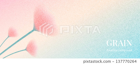 Gentle flowers on pink and teal grain blur gradient background. Soft gentle red poppy, tulip blooms for spring banner and card. Botanical floral vector with dreamy ombre and diffused tones 137770264