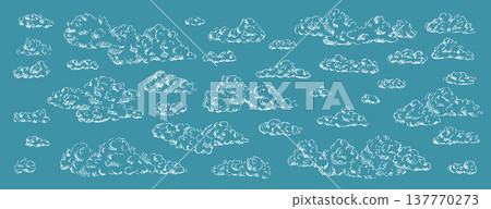 Hand-drawn white fluffy clouds sketch. Pencil lines, retro hatching. Windy sky pen drawing. Vector illustration perfect for artistic design projects and nature-themed graphics. Cloudy sky set 137770273