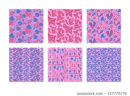 Bold pin and blue garden lush seamless pattern collection with botanical leaves. Plant foliage endless background vector set for textile and wallpaper. Seamless surface with summer leaves floral motif Bold pin and blue garden lush seamless pattern collection with botanical leaves. Plant foliage endless background vector set for textile and wallpaper. Seamless surface with summer leaves floral motif 137770276