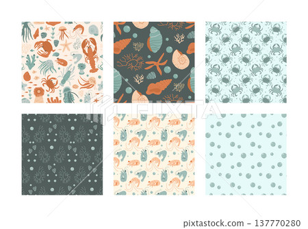 Seamless coastal patterns set with lobsters, seashells, and crabs. Perfect summer print for beach-themed wallpaper, textile design, or Mediterranean vacation marine decor. Vector nautical bg Seamless coastal patterns set with lobsters, seashells, and crabs. Perfect summer print for beach-themed wallpaper, textile design, or Mediterranean vacation marine decor. Vector nautical bg 137770280