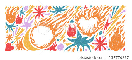 Crayon fire punk doodles elements set. Funky grunge texture flames handmade. Doodle fireball and burned heart icons. Scribbles pastel oil stickers collage. Vector naive simple scribble elements bg Crayon fire punk doodles elements set. Funky grunge texture flames handmade. Doodle fireball and burned heart icons. Scribbles pastel oil stickers collage. Vector naive simple scribble elements bg 137770287