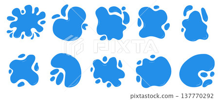 Naive water splash frames. Simple puddle with paint stain and blot shape. Blue figure or blotch frames. Fluid abstract blob and drip for text on a white background. Vector illustration set isolated Naive water splash frames. Simple puddle with paint stain and blot shape. Blue figure or blotch frames. Fluid abstract blob and drip for text on a white background. Vector illustration set isolated 137770292