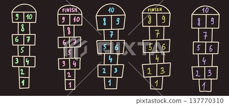 Hop scotch games chalk drawn brush stroke set isolated on dark background. Children playground outdoor entertainment. Vector colorful wax crayon handwritten illustration. Hop scotch games chalk drawn brush stroke set isolated on dark background. Children playground outdoor entertainment. Vector colorful wax crayon handwritten illustration. 137770310