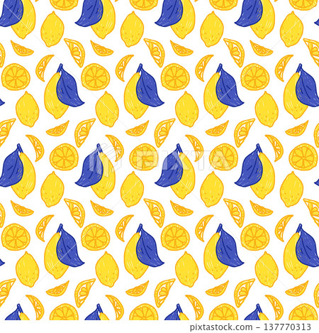 Lemon fruits seamless pattern pastel brush. Summer lemons crayon design for textiles. Mediterranean-inspired endless print with citrus and leaves. Vector seamless background Lemon fruits seamless pattern pastel brush. Summer lemons crayon design for textiles. Mediterranean-inspired endless print with citrus and leaves. Vector seamless background 137770313