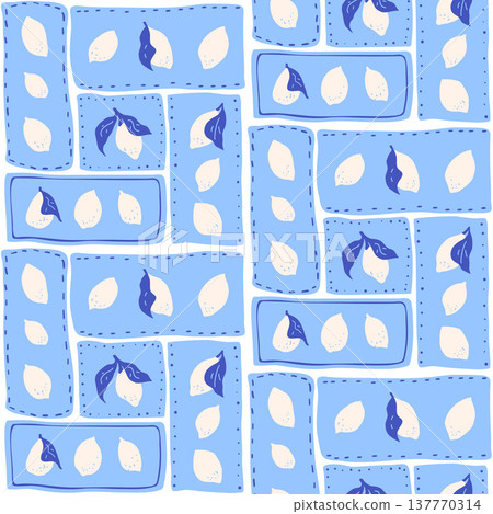 Lemons hand drawn geometric blue white seamless pattern. Patchwork fruit summer endless background repeat cover. Surface pattern design italian mediterranean motif. Vector citrus illustration Lemons hand drawn geometric blue white seamless pattern. Patchwork fruit summer endless background repeat cover. Surface pattern design italian mediterranean motif. Vector citrus illustration 137770314
