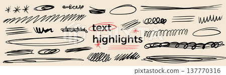 Hand-drawn text highlights and emphasis. Pen abstract decorative doodles. Scribbles, naive expressive scratches set. Naive kids lines, circles, chaotic underlines scrawl. Vector pencil brush scratch 137770316