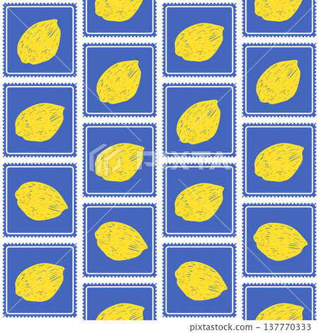 Seamless lemon pattern in bold blue postage stamp frame for summer print. Italian fruit and floral motifs in a seamless pattern of trinket stamp tiles. Coastal vector for kitchen decor and aop textile Seamless lemon pattern in bold blue postage stamp frame for summer print. Italian fruit and floral motifs in a seamless pattern of trinket stamp tiles. Coastal vector for kitchen decor and aop textile 137770333