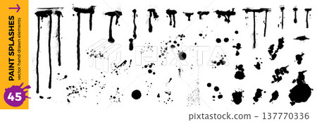 Spray paint drip and splatter grunge elements for streetwear merch and urban poster design. Vector black ink brush texture overlay set with splotches, drops for apparel isolated on white background 137770336