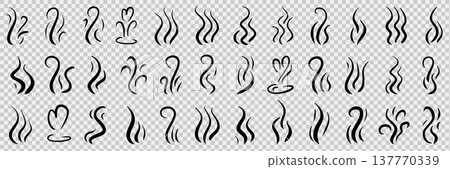 Hot steam waves rising from coffee cup. Line art doodle depicting fragrant smoke swirls and aroma clouds. Vector illustration ideal for beverage branding and culinary graphics 137770339