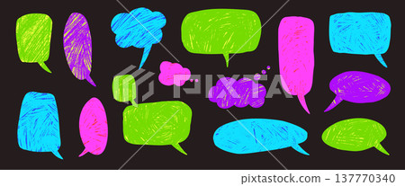 Hand-drawn neon colors speech bubble with crayon texture. Colorful doodle chat frame for dialogue and text boxes. Comic balloons for talk feedback design. Vector message callout set isolated Hand-drawn neon colors speech bubble with crayon texture. Colorful doodle chat frame for dialogue and text boxes. Comic balloons for talk feedback design. Vector message callout set isolated 137770340