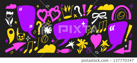 Marker speech bubbles and quote boxes made by hand for fun dialogues. Funky clouds, callouts, text frames with hearts and stars. Abstract doodles shape in yellow, pink, violet for creative projects 137770347