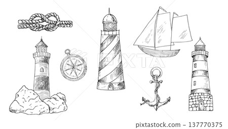 Vector vintage lighthouse on rock, wind sail boat, infinity knot rope, anchor, navigation marine compass. Hand painted linear Nautical symbol illustration set. Graphic monochrome sketch isolated on Vector vintage lighthouse on rock, wind sail boat, infinity knot rope, anchor, navigation marine compass. Hand painted linear Nautical symbol illustration set. Graphic monochrome sketch isolated on 137770375