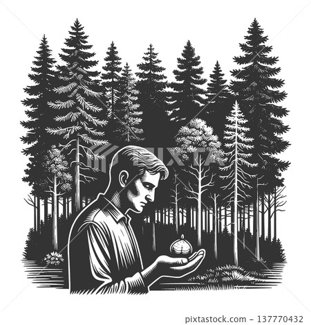 Man Holding Small Tree Seedling In Forest vector Man Holding Small Tree Seedling In Forest vector 137770432