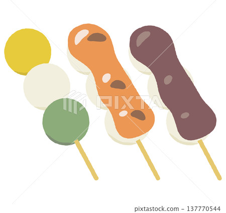 A set of illustrations of three-color dango, mitarashi dango, and koshian dango. 137770544