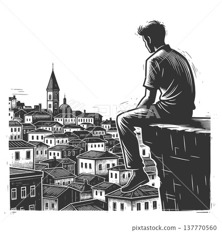 Man Sitting Above City Watching Urban Skyline Man Sitting Above City Watching Urban Skyline 137770560