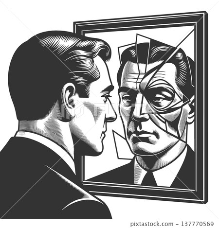 Man Facing Fragmented Reflection in Broken Mirror 137770569