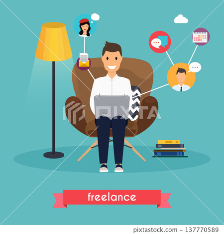 Man working at home. Young man sitting on a chair and using laptop. Freelance,  self employed, freedom, in living room. 137770589