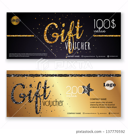 Voucher template with gold gift box,certificate. Background design coupon, invitation, currency. Vector illustration. Voucher template with gold gift box,certificate. Background design coupon, invitation, currency. Vector illustration. 137770592