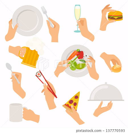 Flat design of hand icons set. Concept of hand hands hold different food and drink: beer, burger, bread, sushi, glass, salad, plate. Vector illustration. 137770593