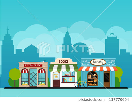 Urban landscape book shop, bakery, restaurant. Flat design modern vector illustration concept. Urban landscape book shop, bakery, restaurant. Flat design modern vector illustration concept. 137770604