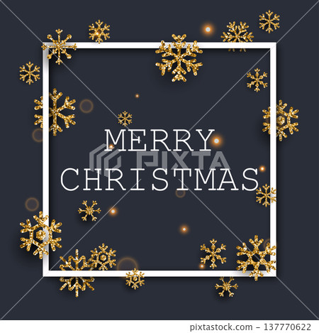 Christmas Greeting Card. Golden glitter snowflakes on dark background. Flat design modern vector illustration concept. Christmas Greeting Card. Golden glitter snowflakes on dark background. Flat design modern vector illustration concept. 137770622
