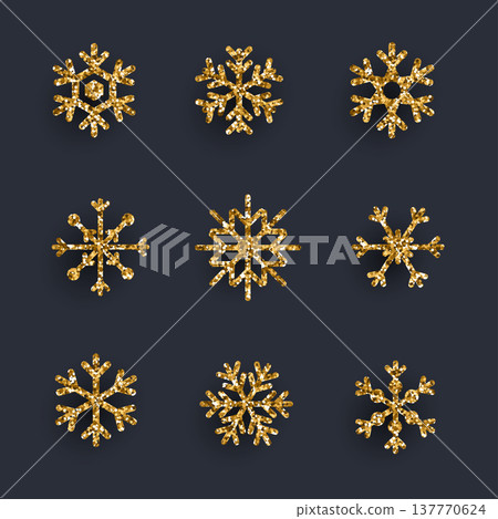 Set of golden glitter snowflakes on dark background. Can be used for decoration, banners and card. 137770624