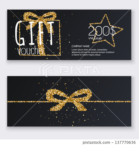 Voucher template with gold gift box, certificate. Background design coupon, invitation, currency. Vector illustration. 137770636