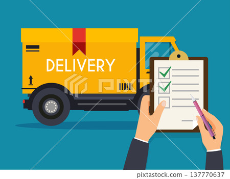Hand holding clipboard with delivery tracking check. Flat design modern vector illustration concept. Hand holding clipboard with delivery tracking check. Flat design modern vector illustration concept. 137770637