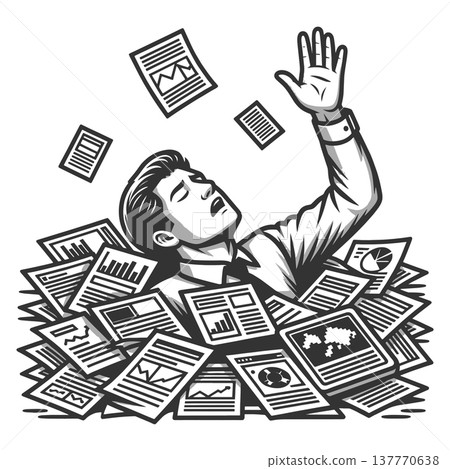 Overwhelmed Businessman Buried Under Paperwork Overwhelmed Businessman Buried Under Paperwork 137770638