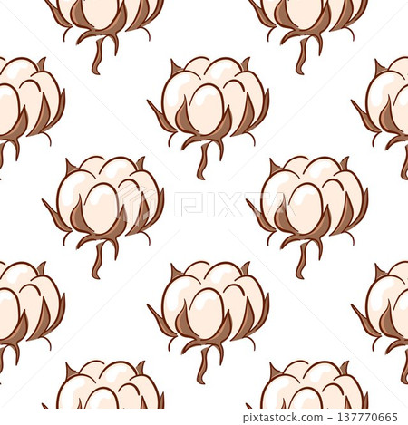 Seamless pattern with cotton boll in flat style. Perfect for textile print, organic fabric, wrapping paper and rustic design. 137770665