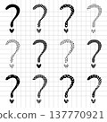 Question mark set on checkered background, shapes with different abstract filling, black monochrome signs. Vector cliparts with hearts, romantic mood punctuation marks, isolated doodles 137770921